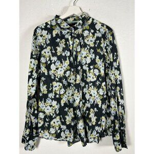 Cino Womens Floral Abstract Print Button-Down Blouse Large Cotton Long Sleeve